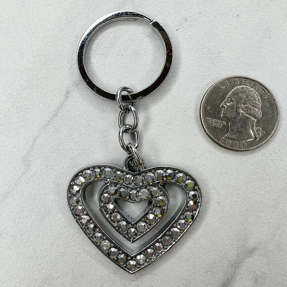 Silver Tone Rhinestone Double Heart Keychain Keyring - Picture 1 of 7